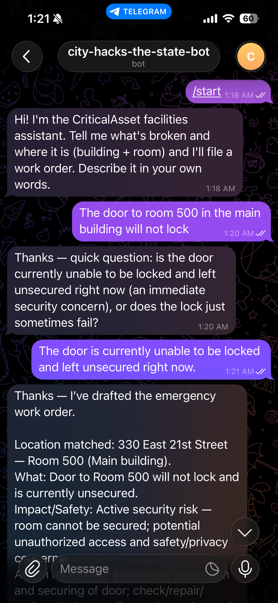Telegram intake — reporting a building issue
