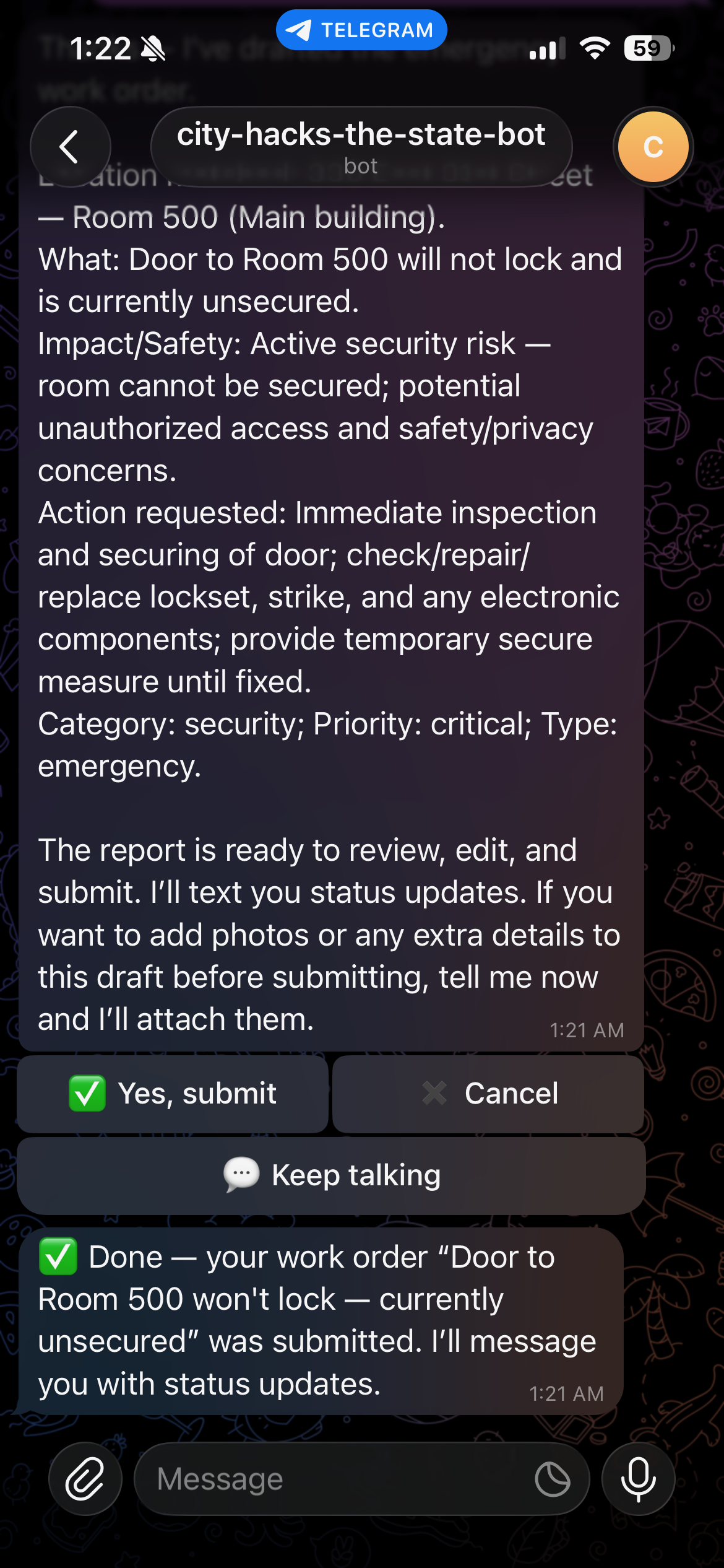 Telegram intake — confirming the work order